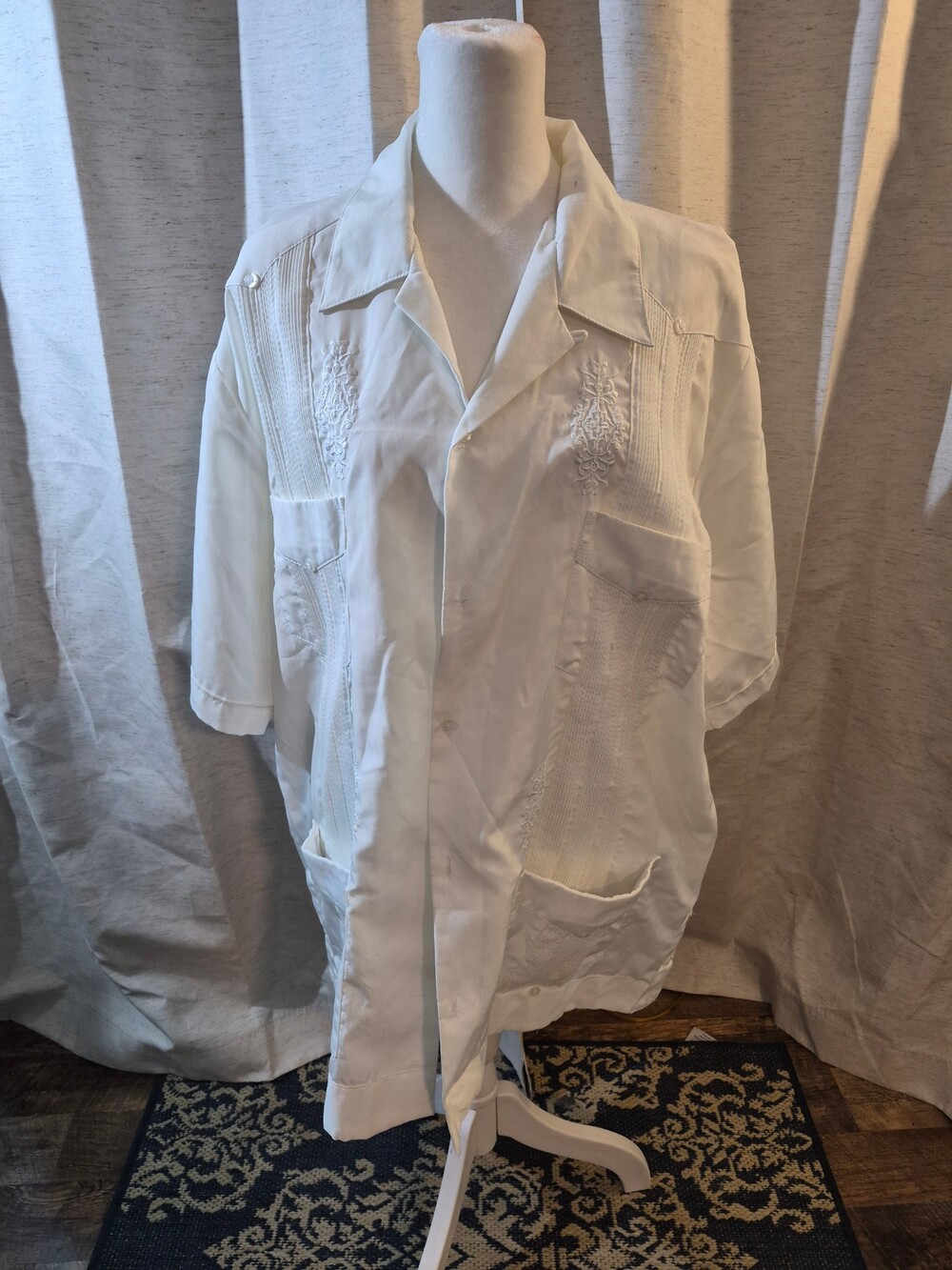 Mens 2XL White Cotton Guayabera Shirt Embroidered Short Sleeve